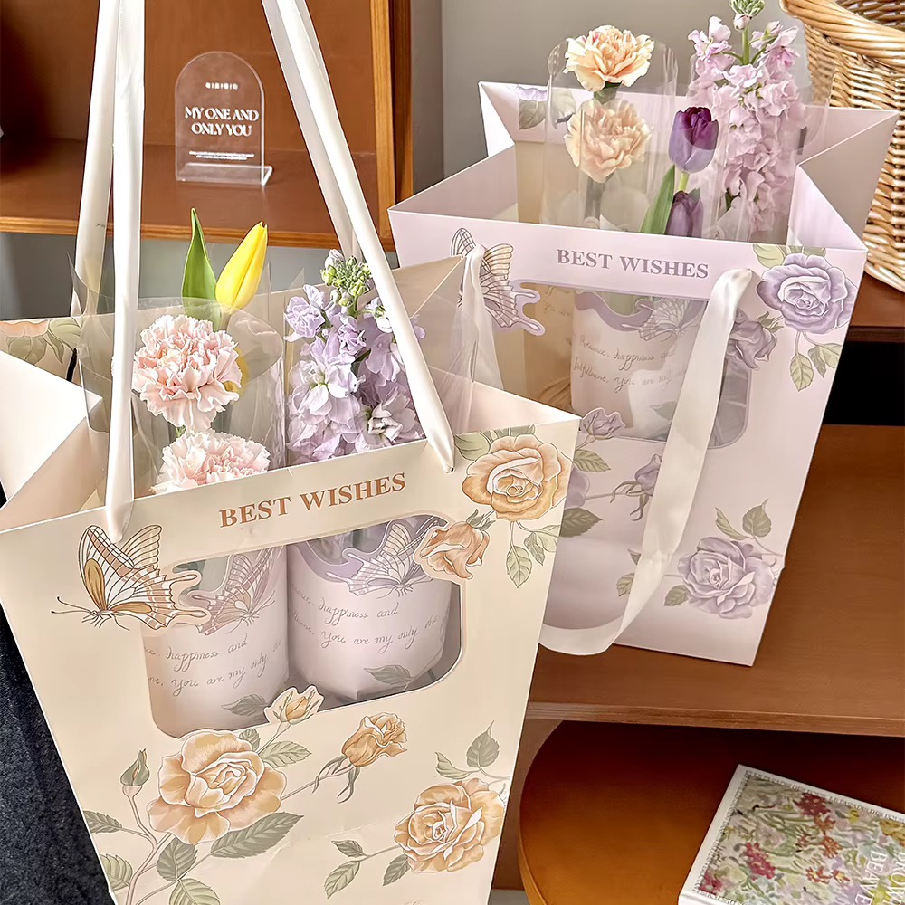 Rose Butterfly Print Window Flower Paper Bag 