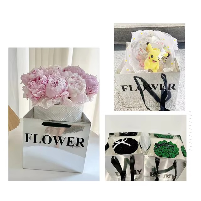 Luxury Ivory Board Square Silver Mirror Flower Gift Paper Bag