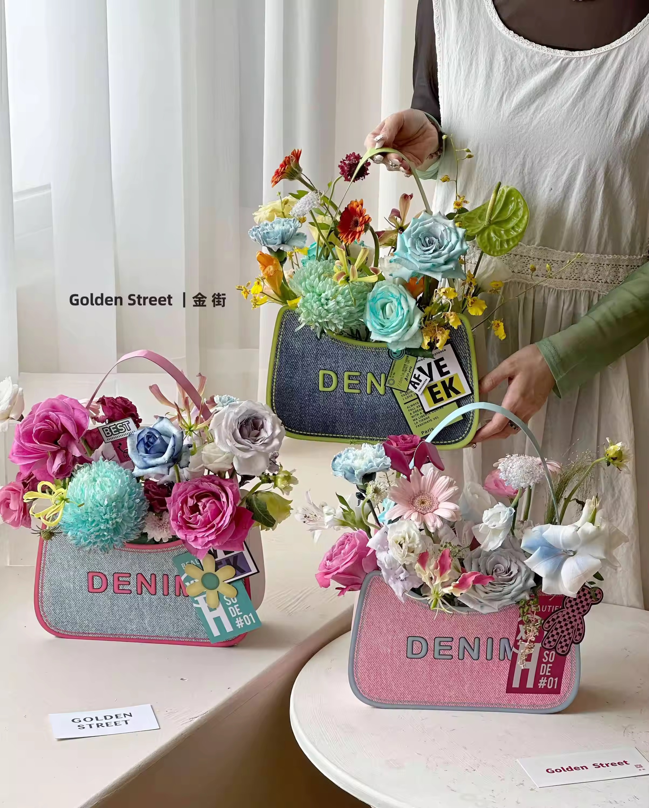 Denim Pattern Packaging Floral Bag Creative Flower Gift Handbag 