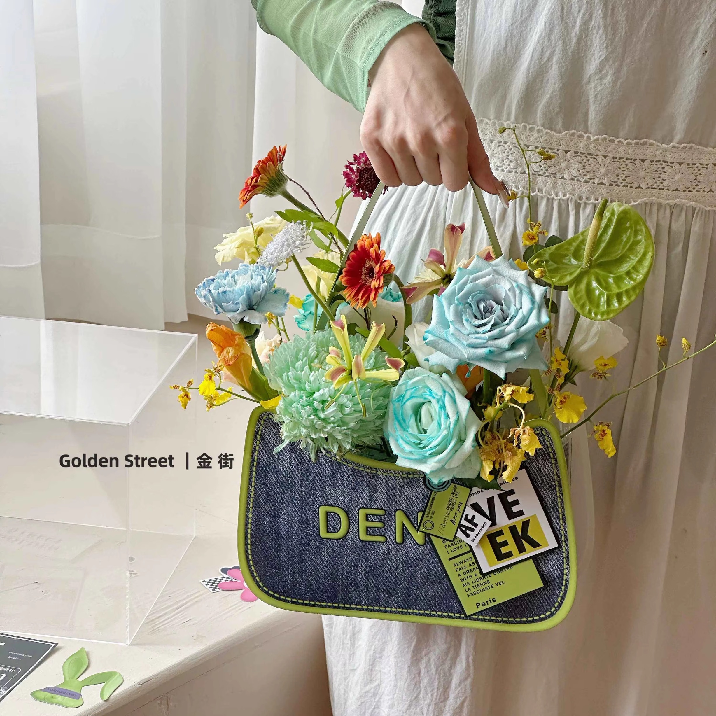 Denim Pattern Packaging Floral Bag Creative Flower Gift Handbag 