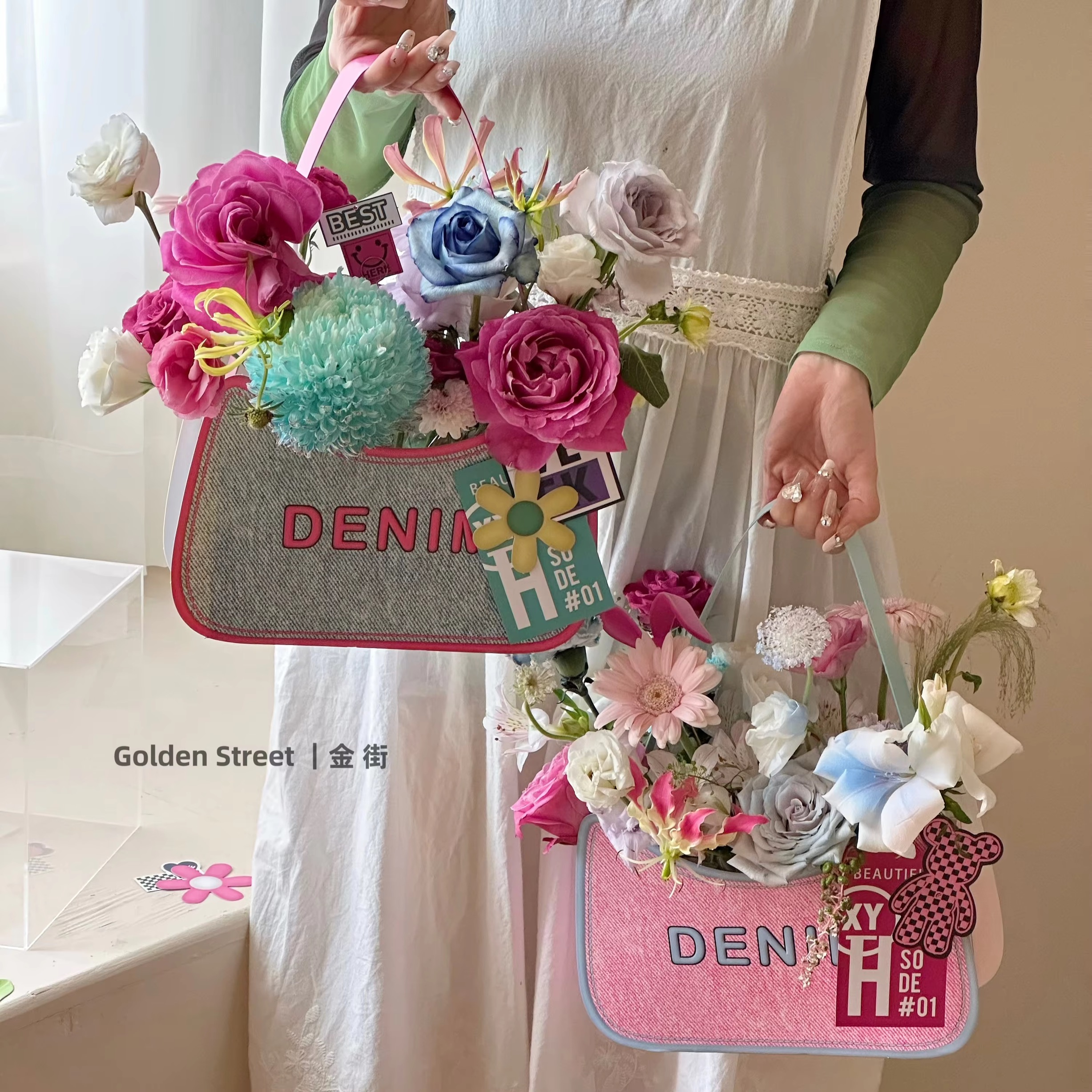 Denim Pattern Packaging Floral Bag Creative Flower Gift Handbag 